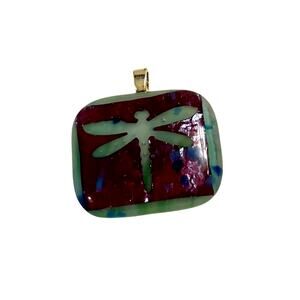 Dragonfly Fused Glass Necklace Handmade Multicolor